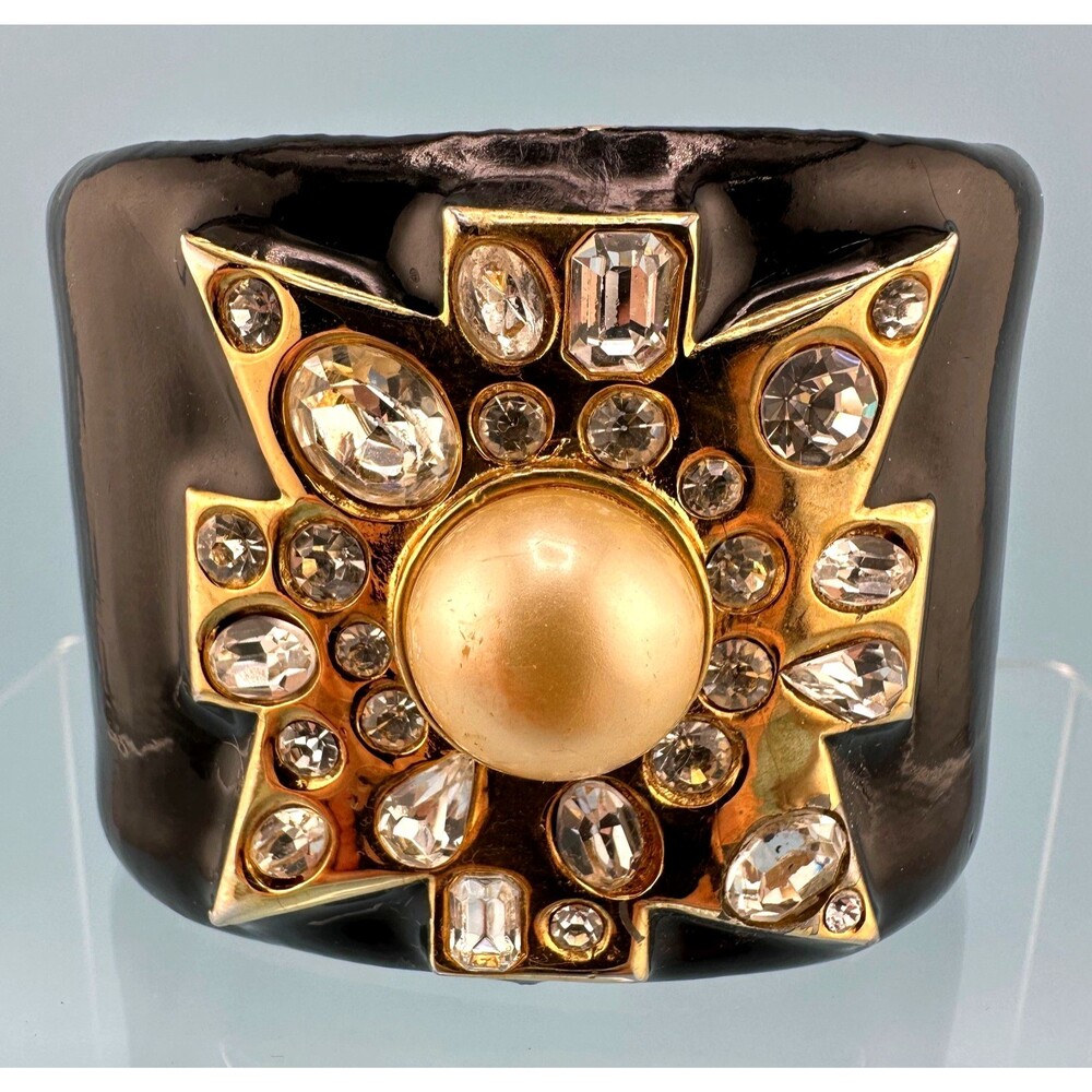 Vintage Kenneth Lane Hinged Cuff Bracelet Maltese Cross Black Enamel Faux Pearl